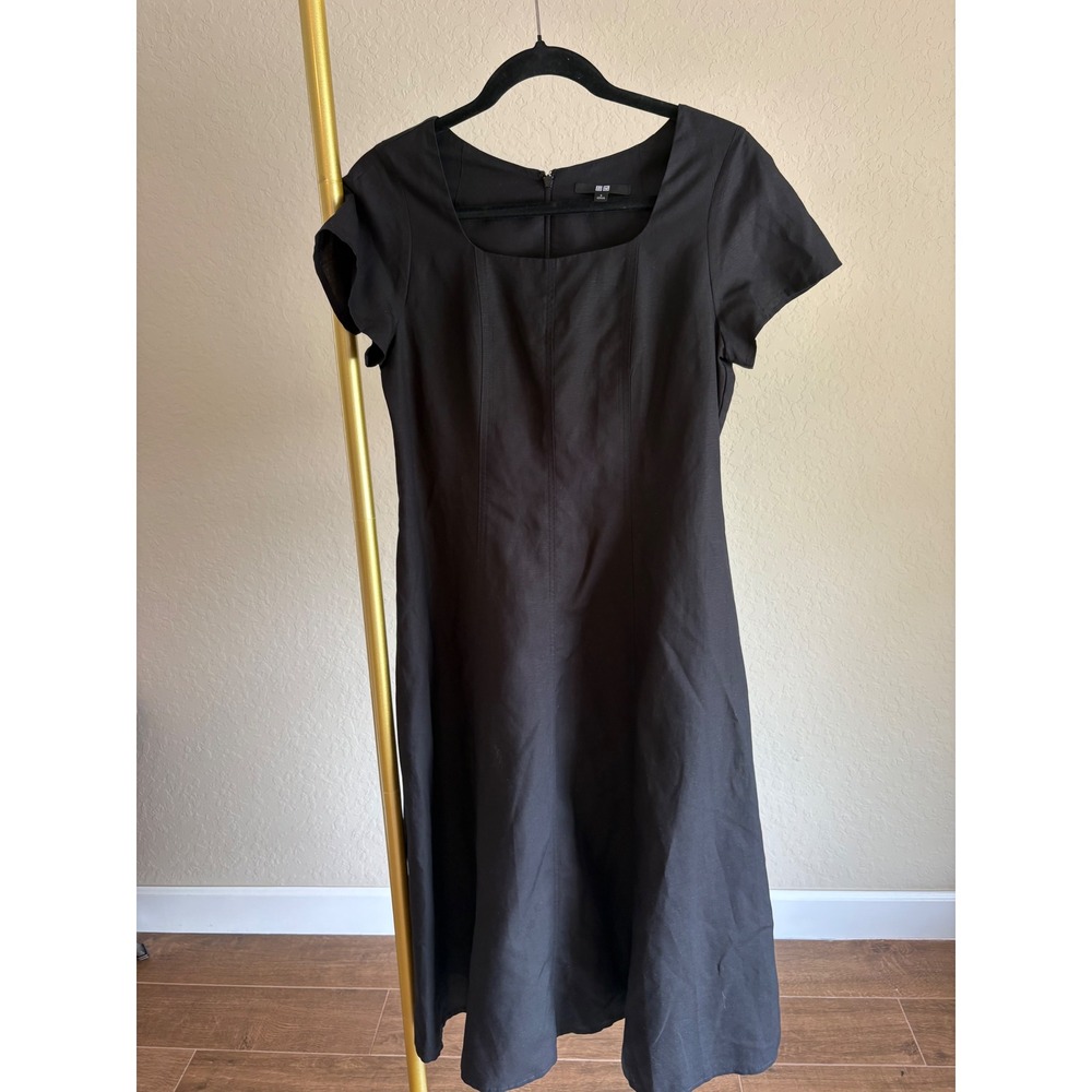 Uniqlo‎ Midi Dress Linen Blend Fit Flare Black S Minamalism Old Money Capsule